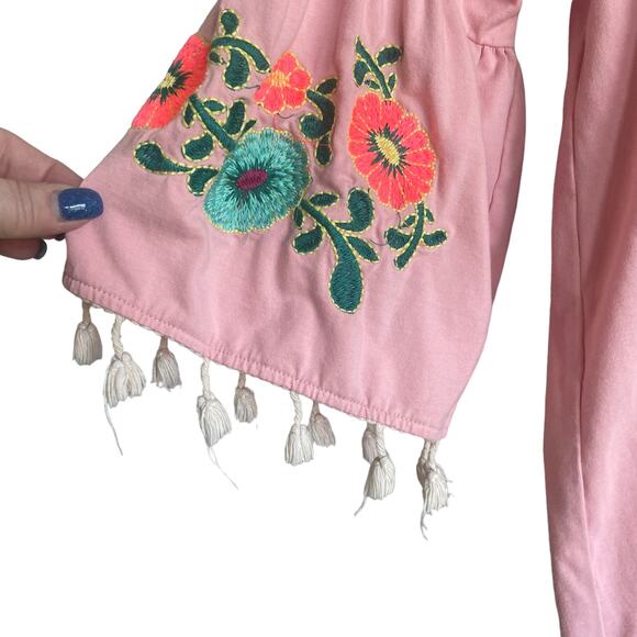 Umgee Women Top L Pink 3/4 Flower Embroidery Tassel Bell Sleeve Boho Tropical - Picture 5 of 7